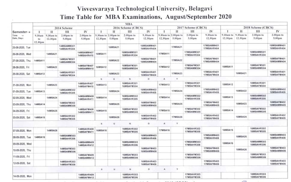 Revised VTU MBA Exam Time Table Aug/Sept 2020