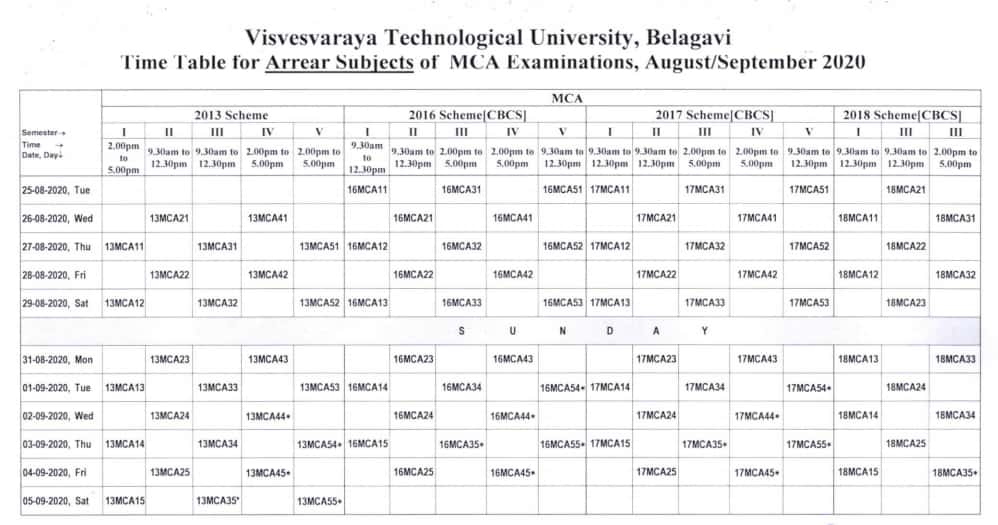 Revised VTU MCA Exam Time Table Aug/Sept 2020