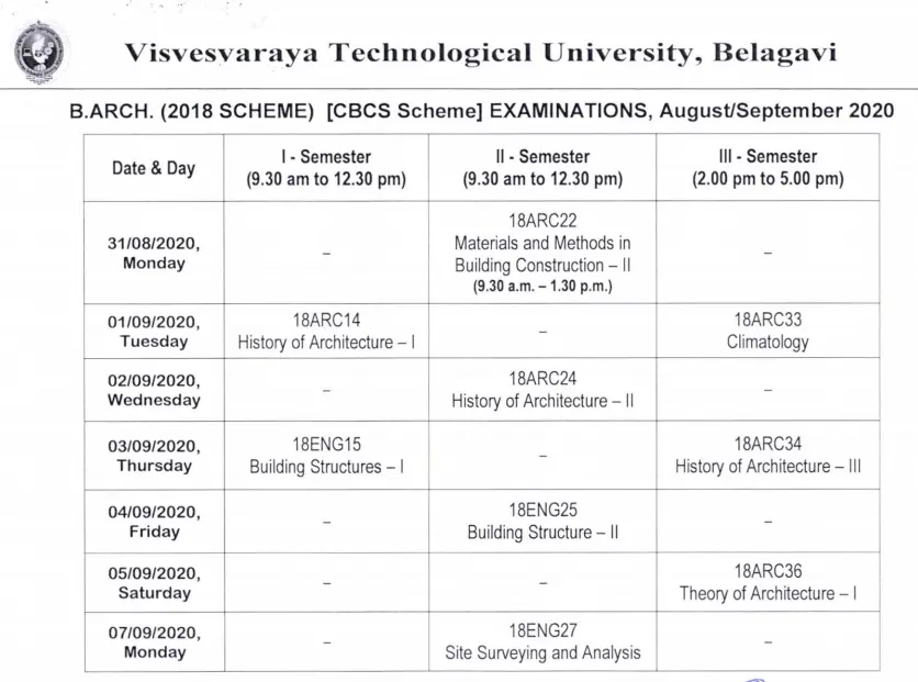 VTU BArch Exams Time Table Aug/Sept 2020