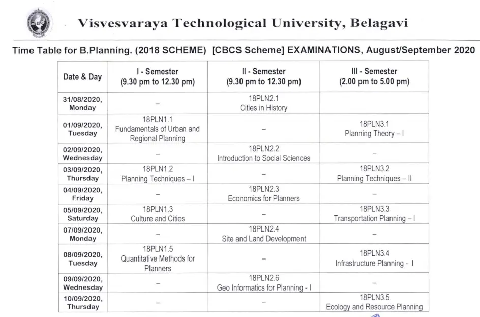 VTU BPlan Exam Time Table Aug/Sept 2020