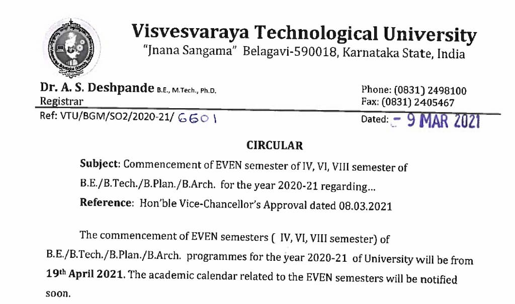 VTU even semesters commencement