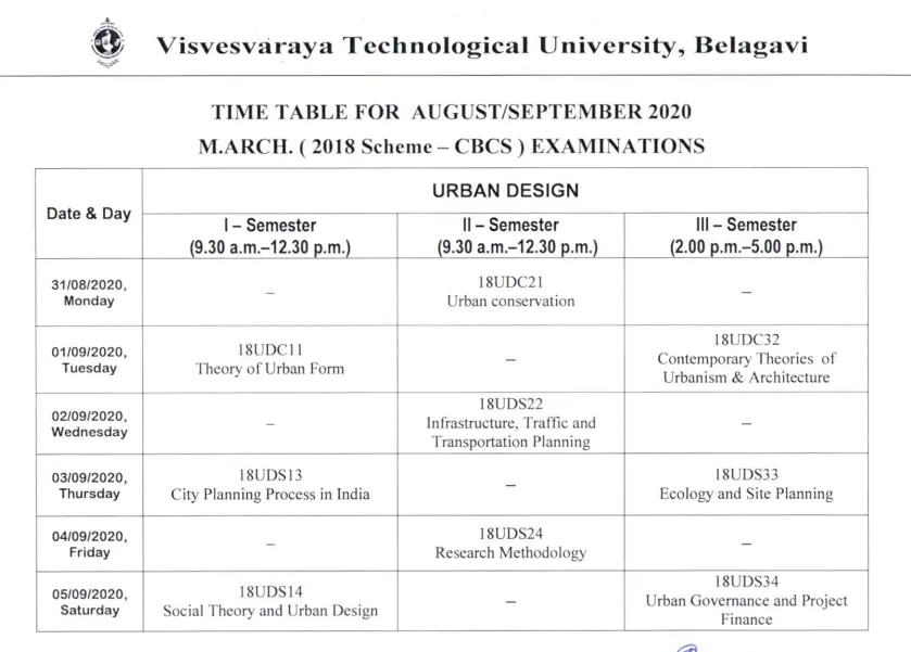 VTU MArch Exam Time Table Aug/Sep 2020