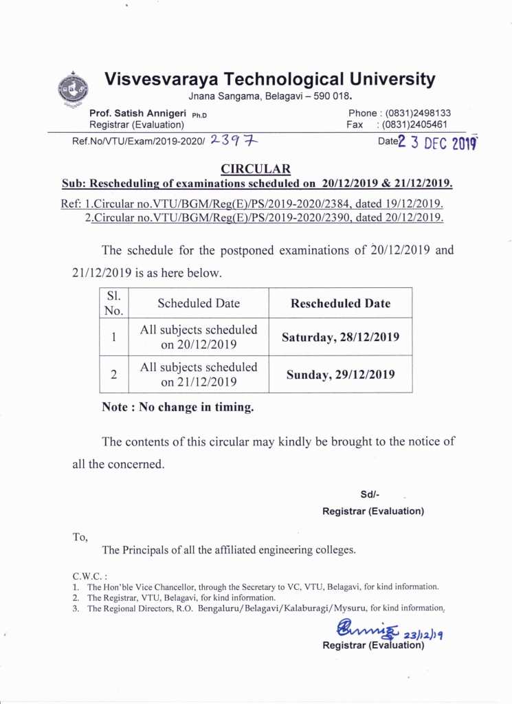 VTU Rescheduled Exam Time table for postponed Exams Dec 2019